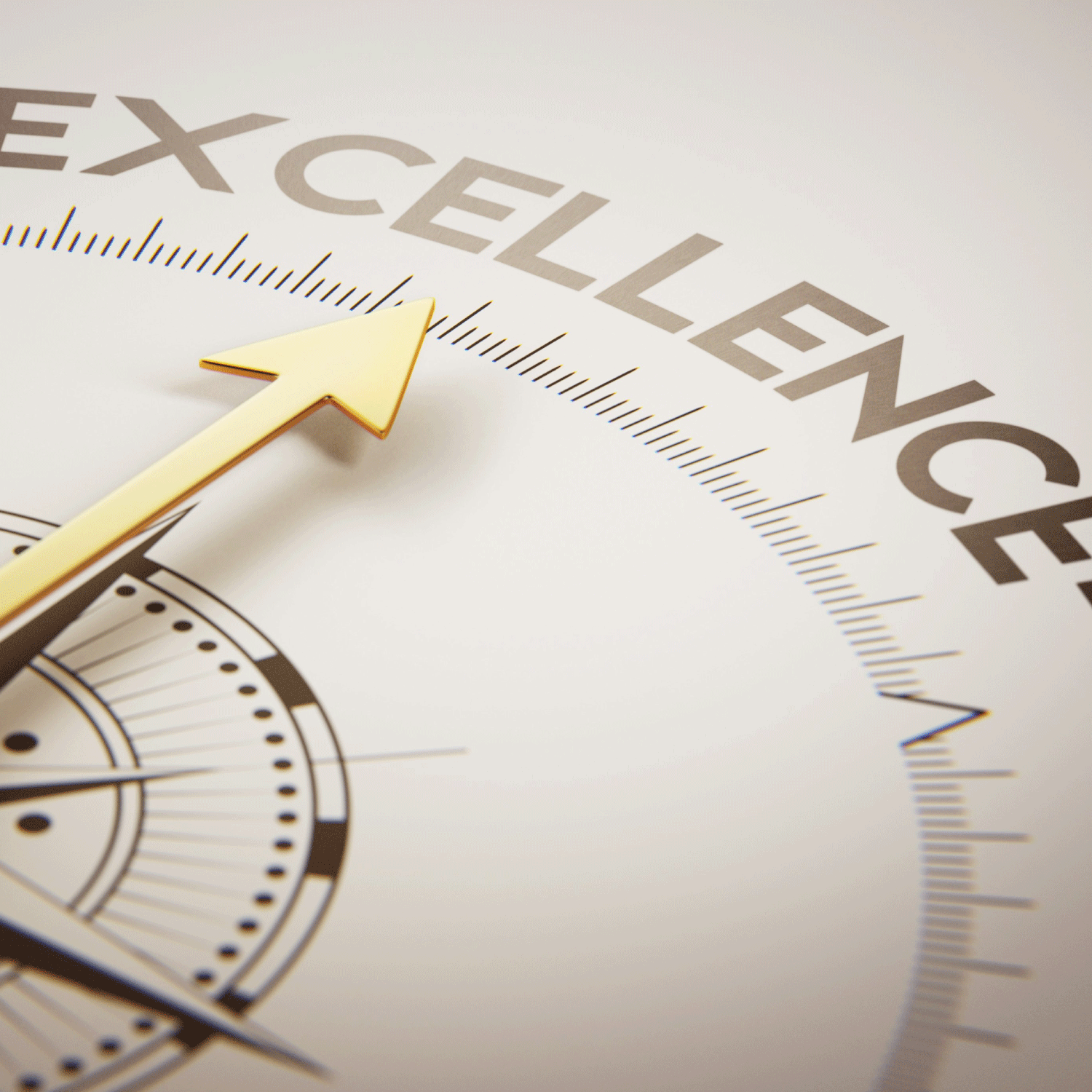 Gros plan sur une boussole dorée pointant vers le mot EXCELLENCE – symbolisant l’engagement de Prodisphar® envers la qualité, le leadership et la performance durable.